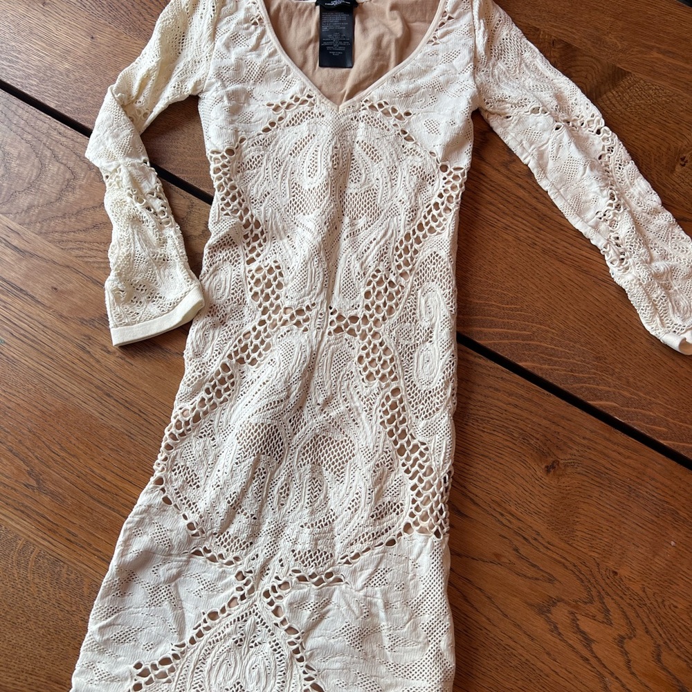 bebe Cream Sheath Dress with Long Bell Sleeves and V-Neck for Cocktail